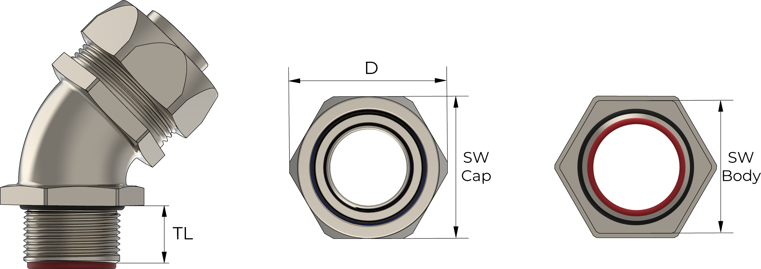 45° Liquid Tight-kobling Technical Drawing