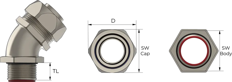 45° Liquid Tight-kobling Technical Drawing