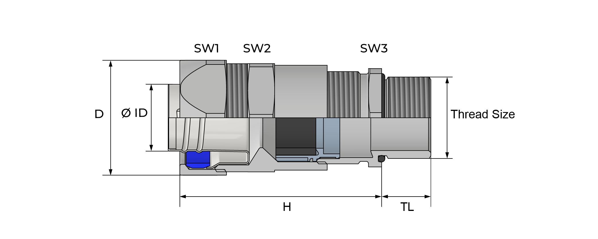 Konduitkobling med integrert kabelnippel Technical Drawing