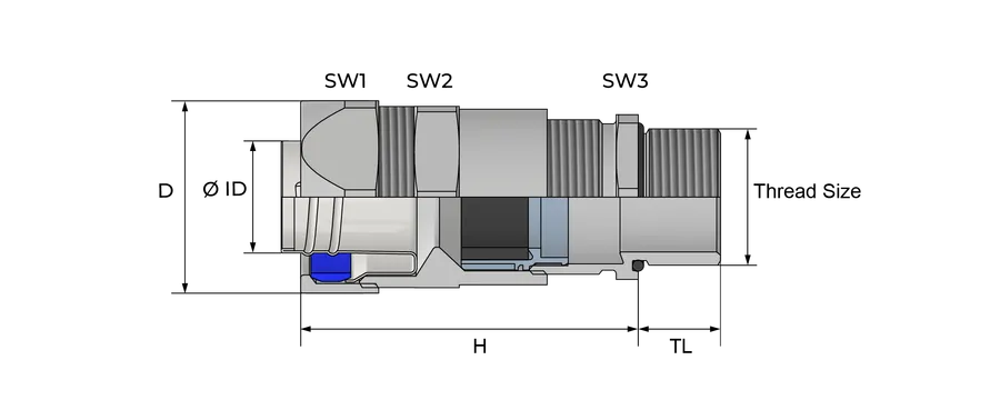 Konduitkobling med integrert kabelnippel Technical Drawing