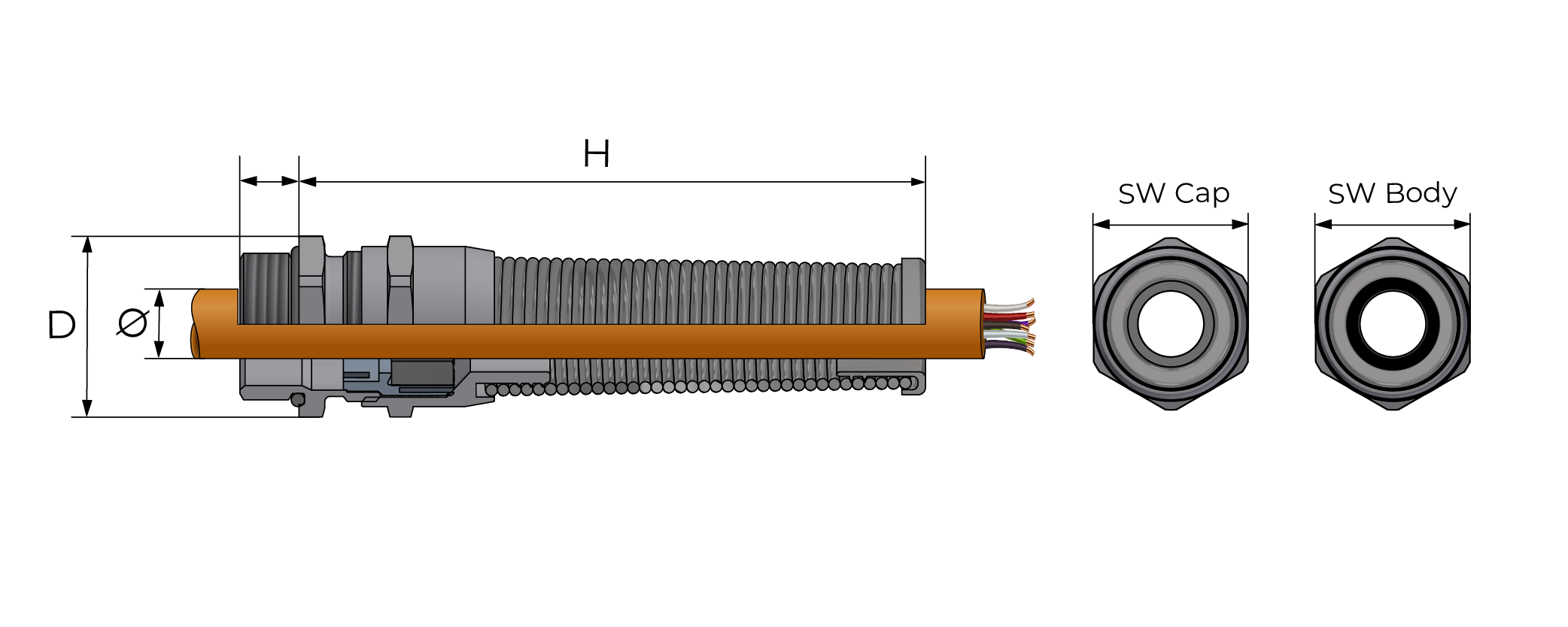 Kabelnippel med bøyebeskyttelse, metall Technical Drawing