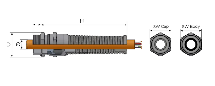 Kabelnippel med bøyebeskyttelse, metall Technical Drawing