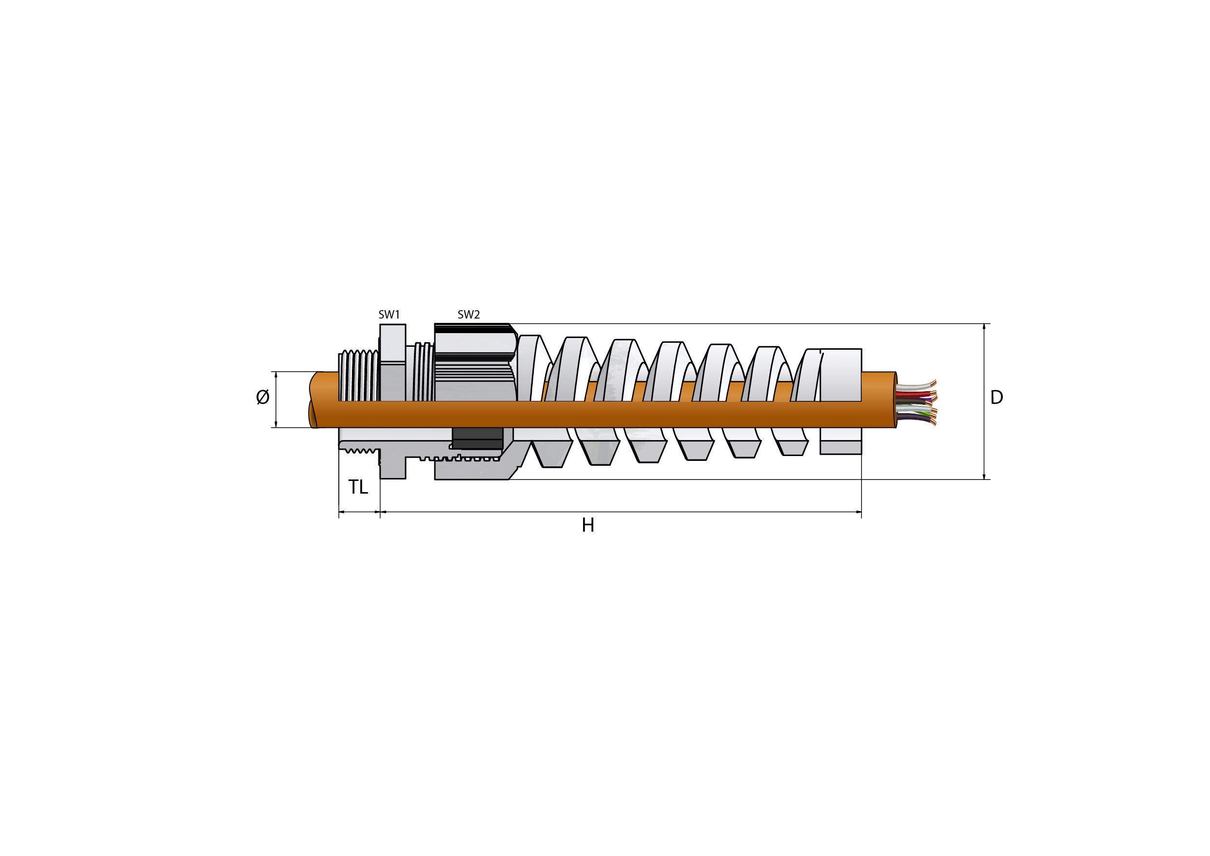 Kabelnippel med bøyebeskyttelse, plast Technical Drawing