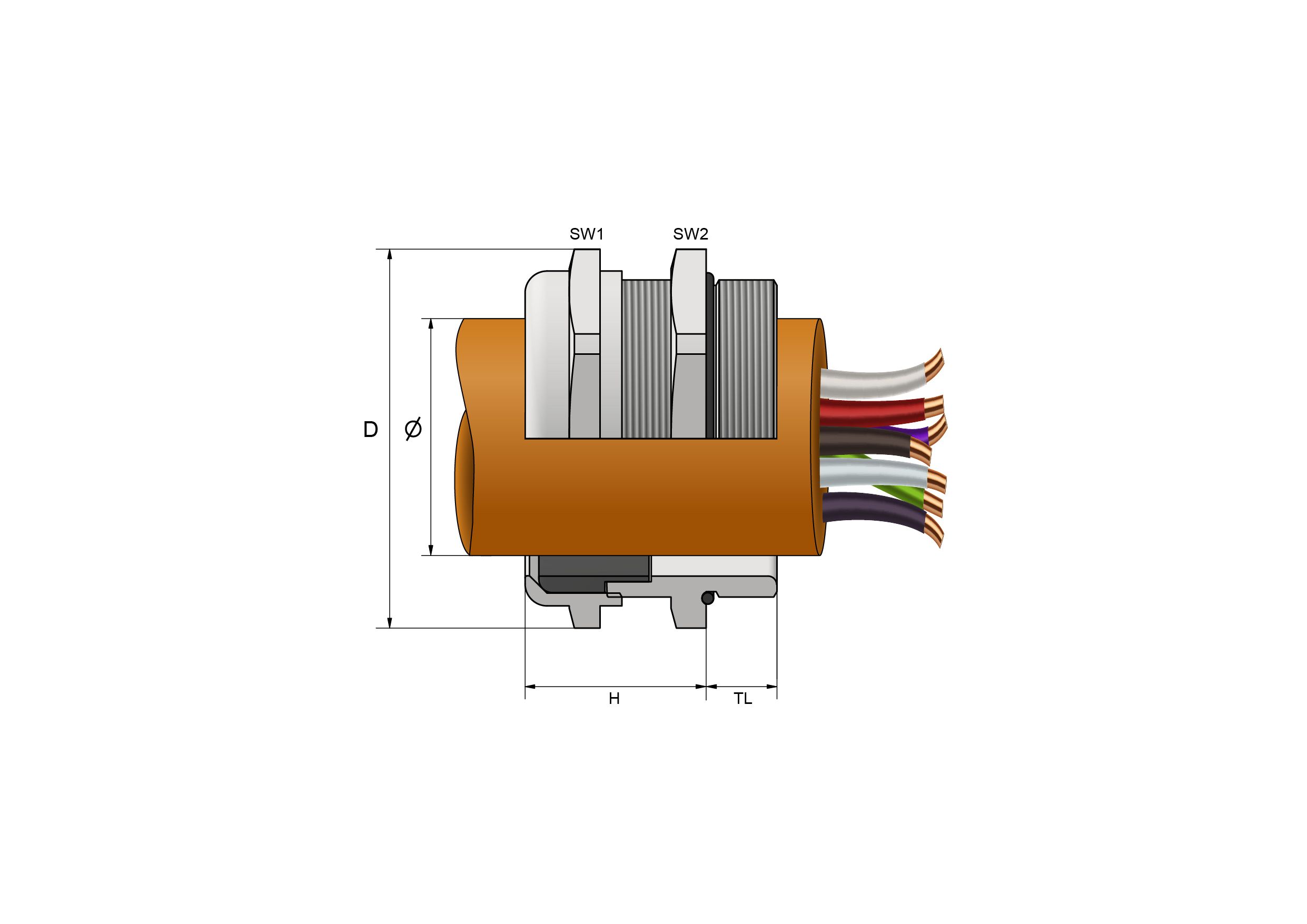 Kompresjonskabelnippel i messing Technical Drawing