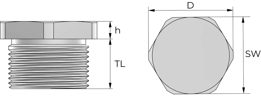 Sekskant-blindplugg, metall Technical Drawing