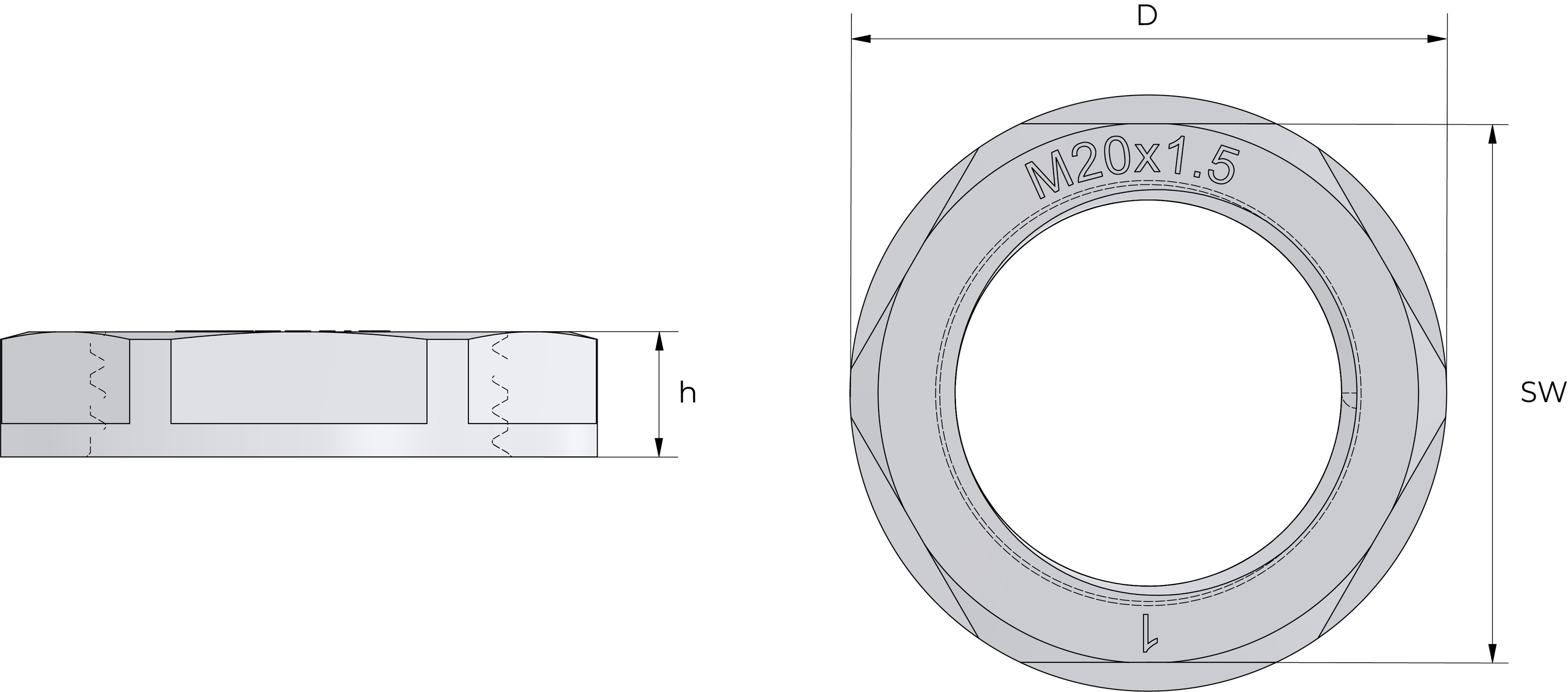 Låsemutter i polyamid (PA6) med flens Technical Drawing