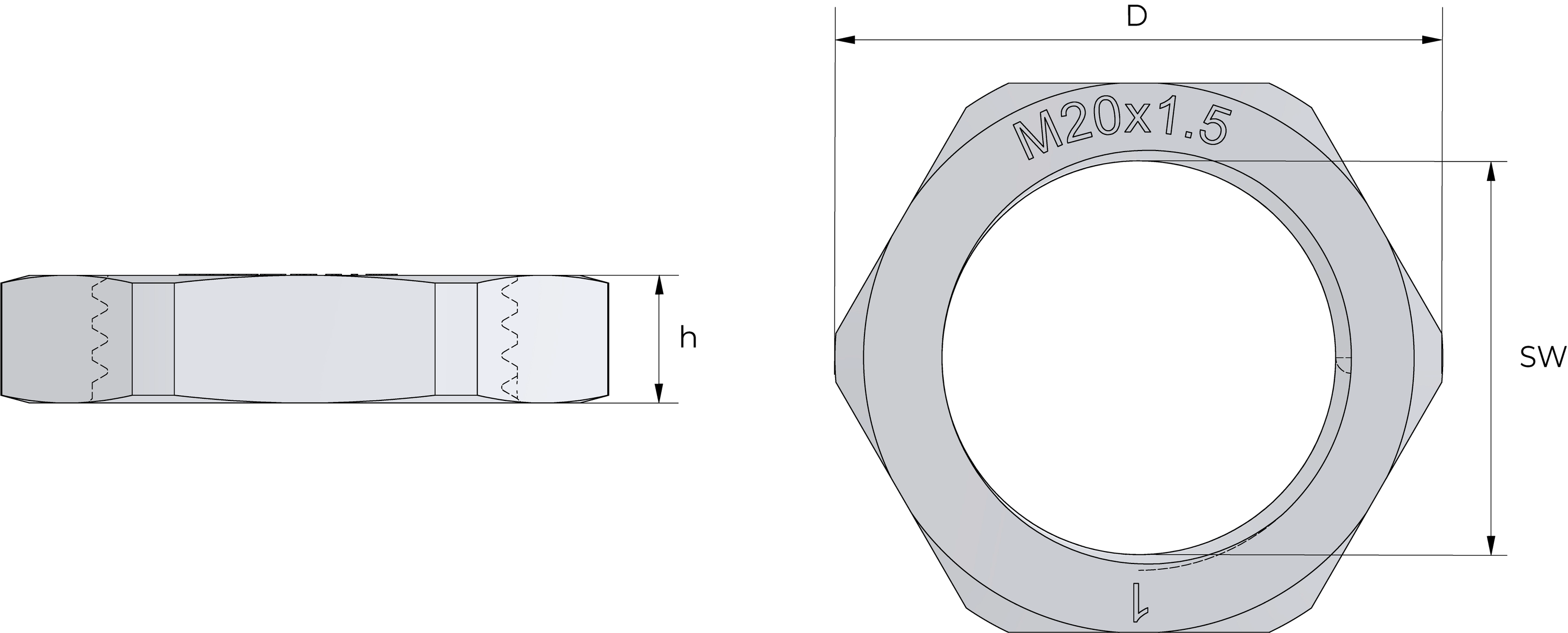 Låsemutter i polyamid (PA6) uten flens Technical Drawing
