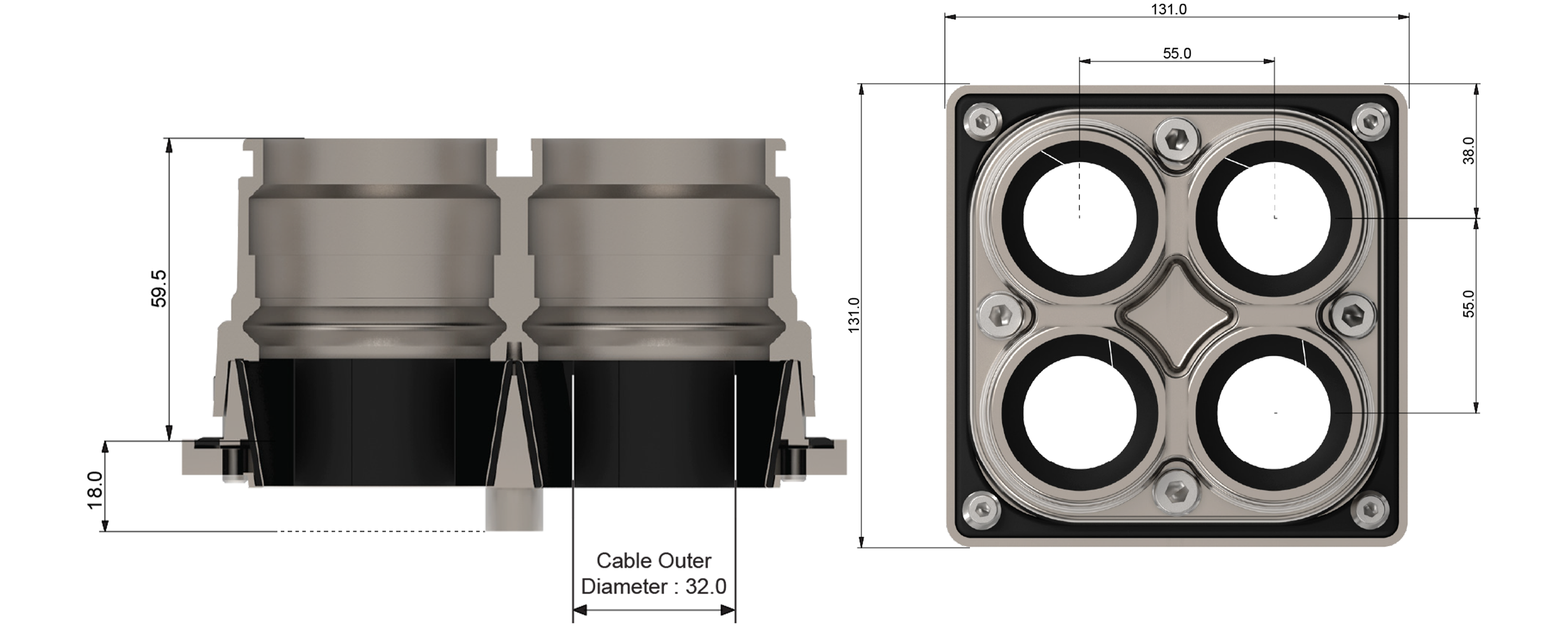 Quadro kabelinnføringsplate, metall Technical Drawing
