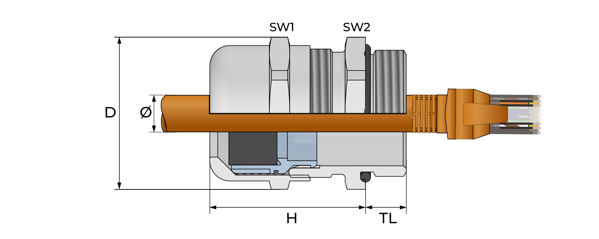 RJ 45 kabelnippel, metall Technical Drawing