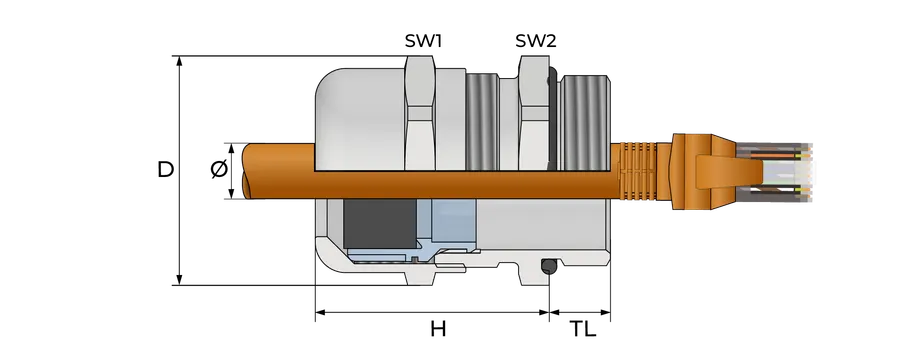 RJ 45 kabelnippel, metall Technical Drawing