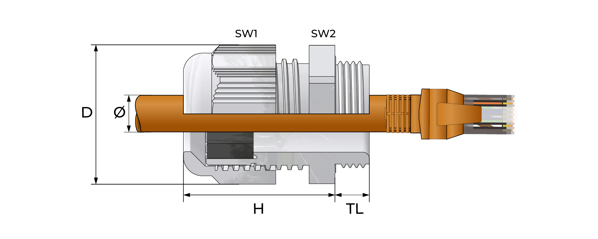 RJ 45 kabelnippel, plast Technical Drawing