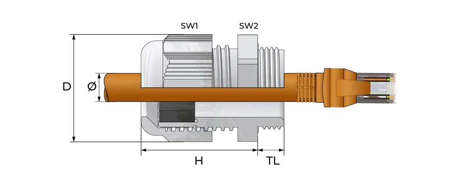 RJ 45 kabelnippel, plast Technical Drawing