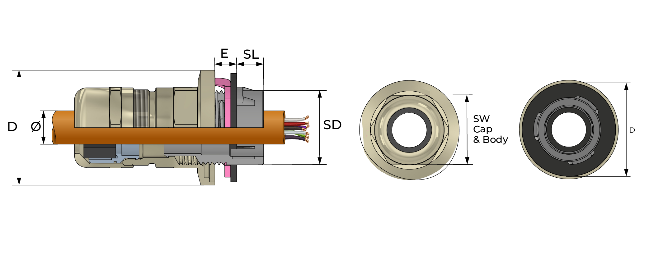 Snap-in kabelnippel, metall Technical Drawing