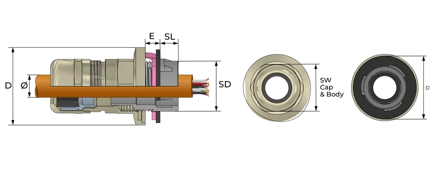 Snap-in kabelnippel, metall Technical Drawing