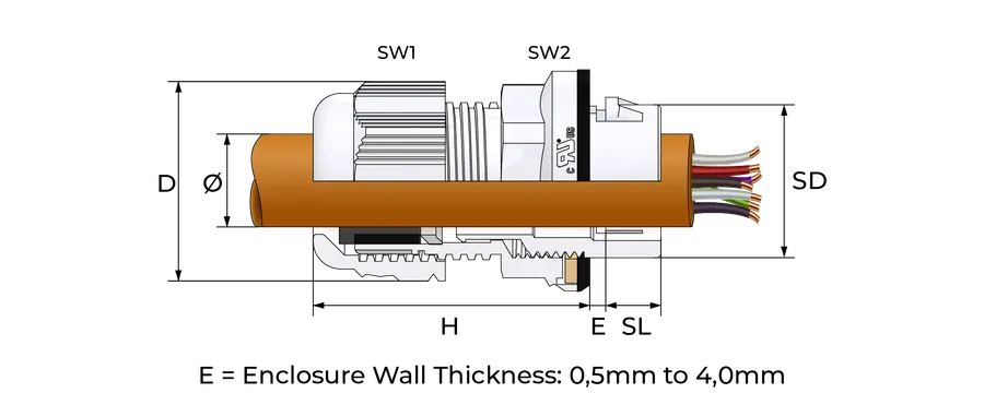 Snap-in kabelnippel, plast Technical Drawing