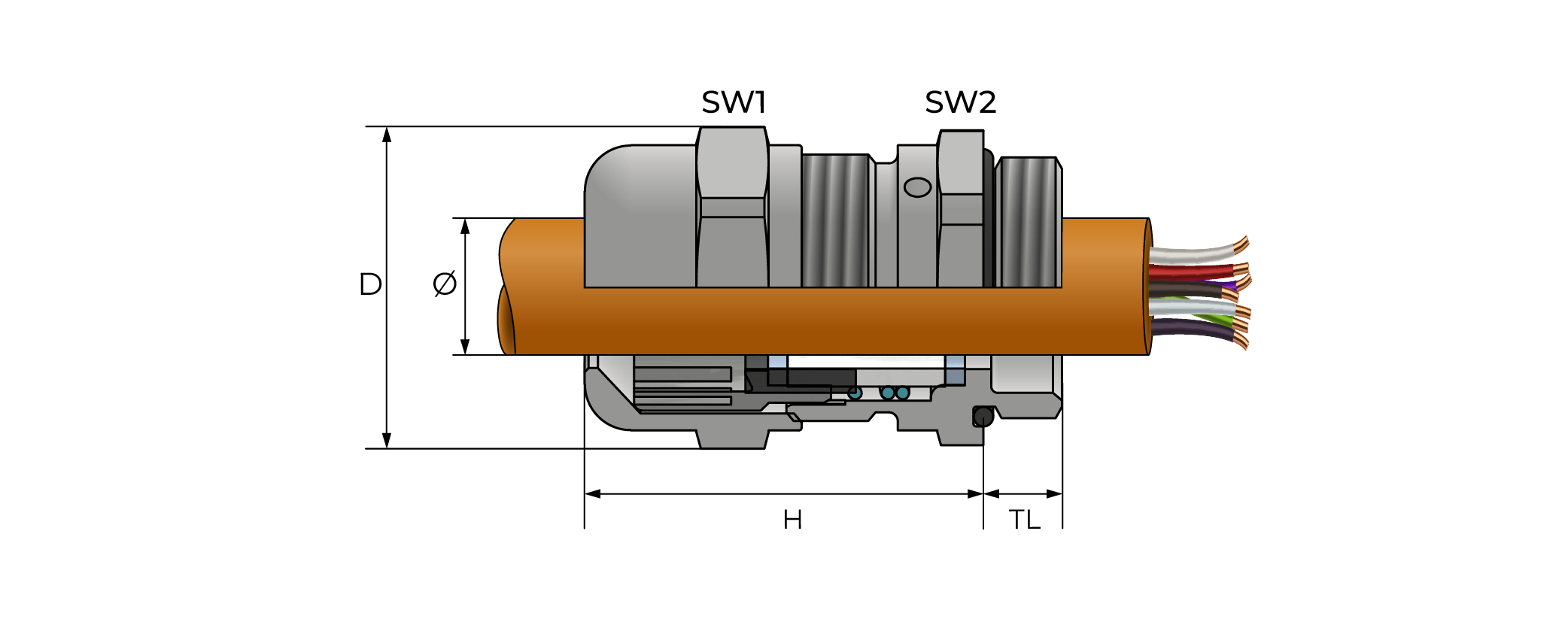Ventilasjons kabelnippel, metall Technical Drawing