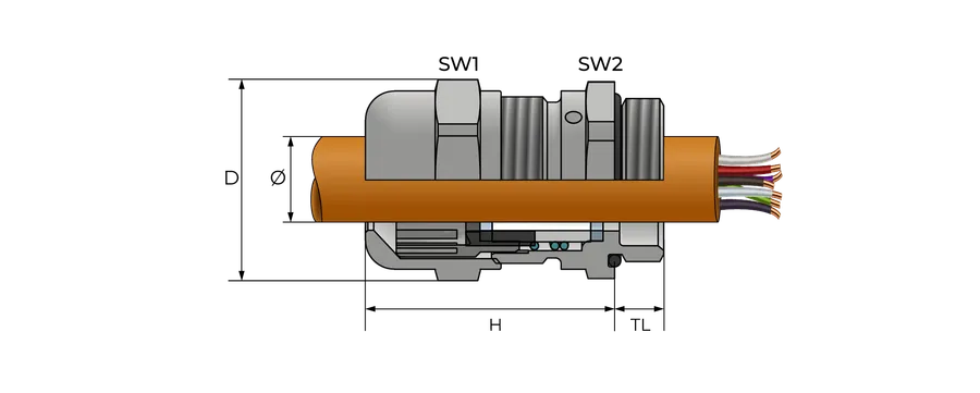 Ventilasjons kabelnippel, metall Technical Drawing